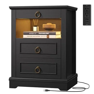 LED Nightstand with Charging Station, Black