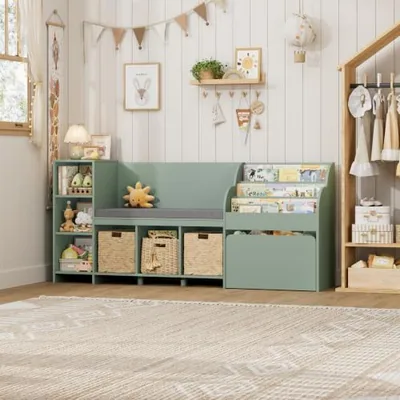 67″ Kids Reading Nook with Bookshelf, Green in a room of its own.