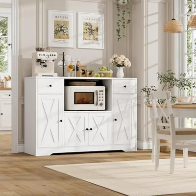 47″ Microwave Cabinet with Outlets, White in a room of its own.