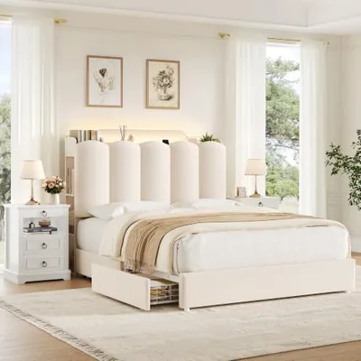 Full Upholstered Platform Bed, Beige