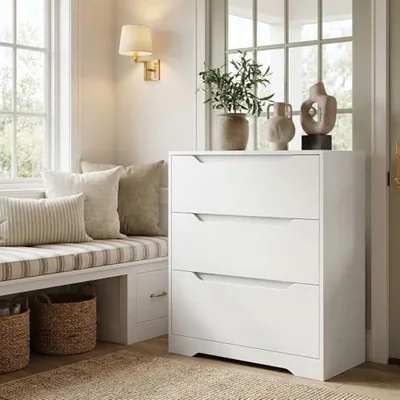 3-Drawer Dresser, White, photographed in a room.