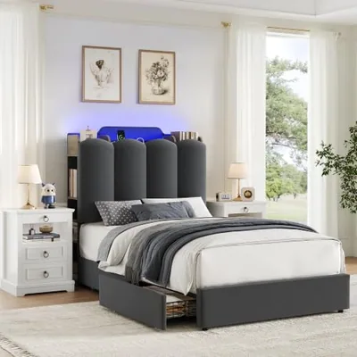 Twin Upholstered Platform Bed, Grey