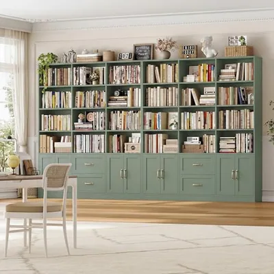 59″ Triple Wide Bookshelf, Green, photographed in a room.