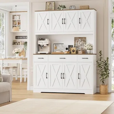 55″ Kitchen Pantry Cabinet, White (HS-D7W6P), photographed in a room.
