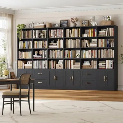 59″ Triple Wide Bookshelf, Black, photographed in a room.