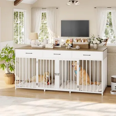 71″ Double Dog Crate Cabinet, White in a room of its own.